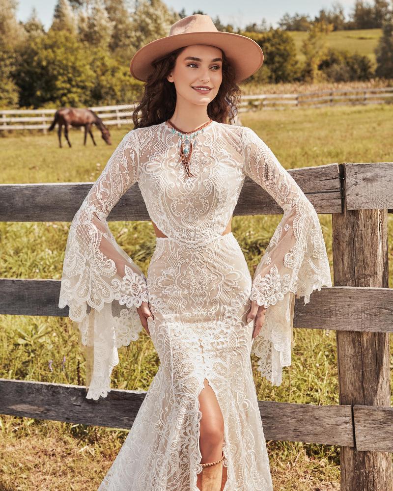 Lp2101 rustic boho wedding dress with bell sleeves and high neckline4